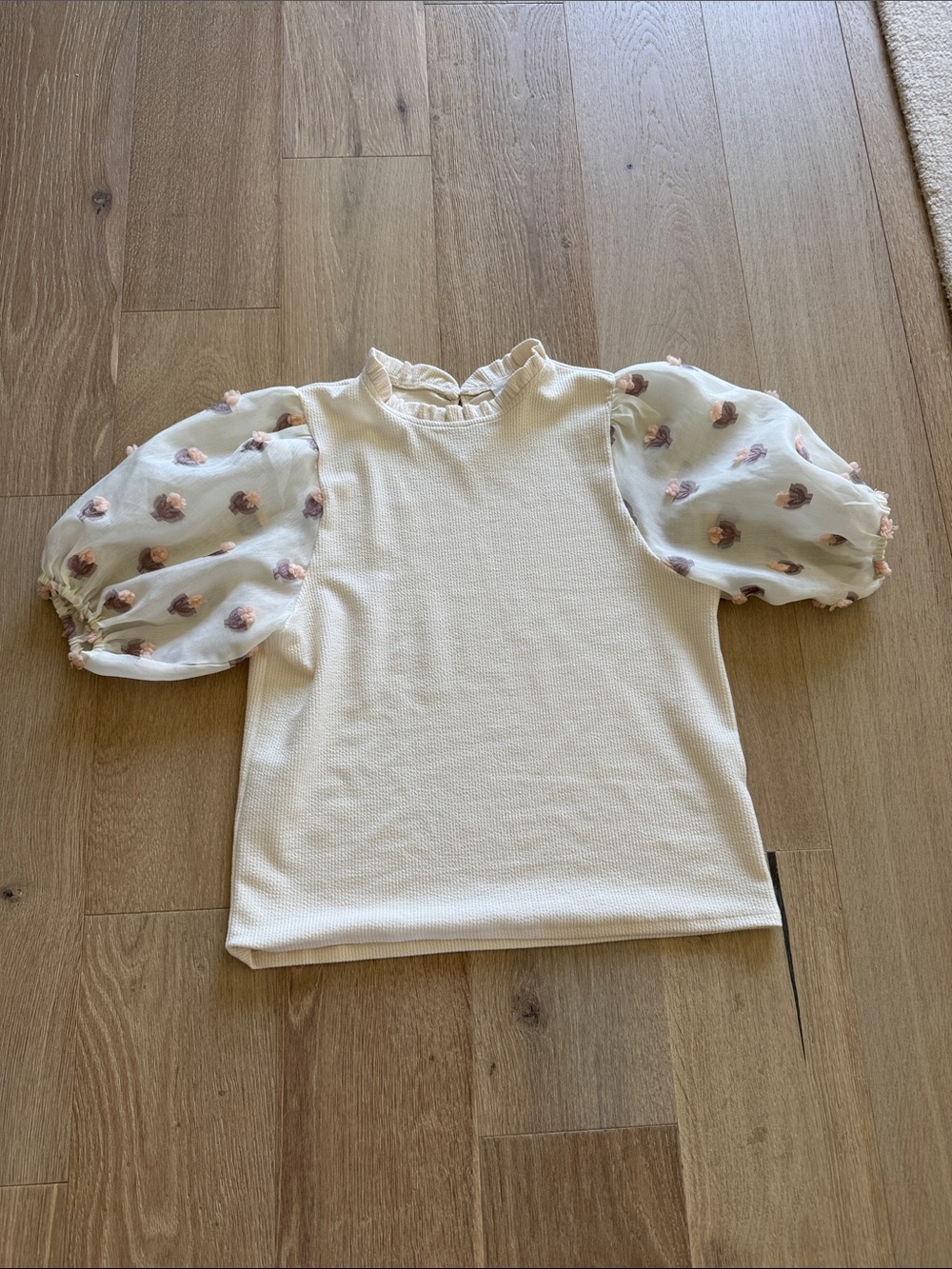 Cream Puff-Sleeve Top with Pink Floral Embroidery